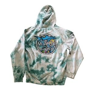 Maui and Sons Shark Graphic Tie Dye Hoodie Teal White Mens Large Sweatshirt